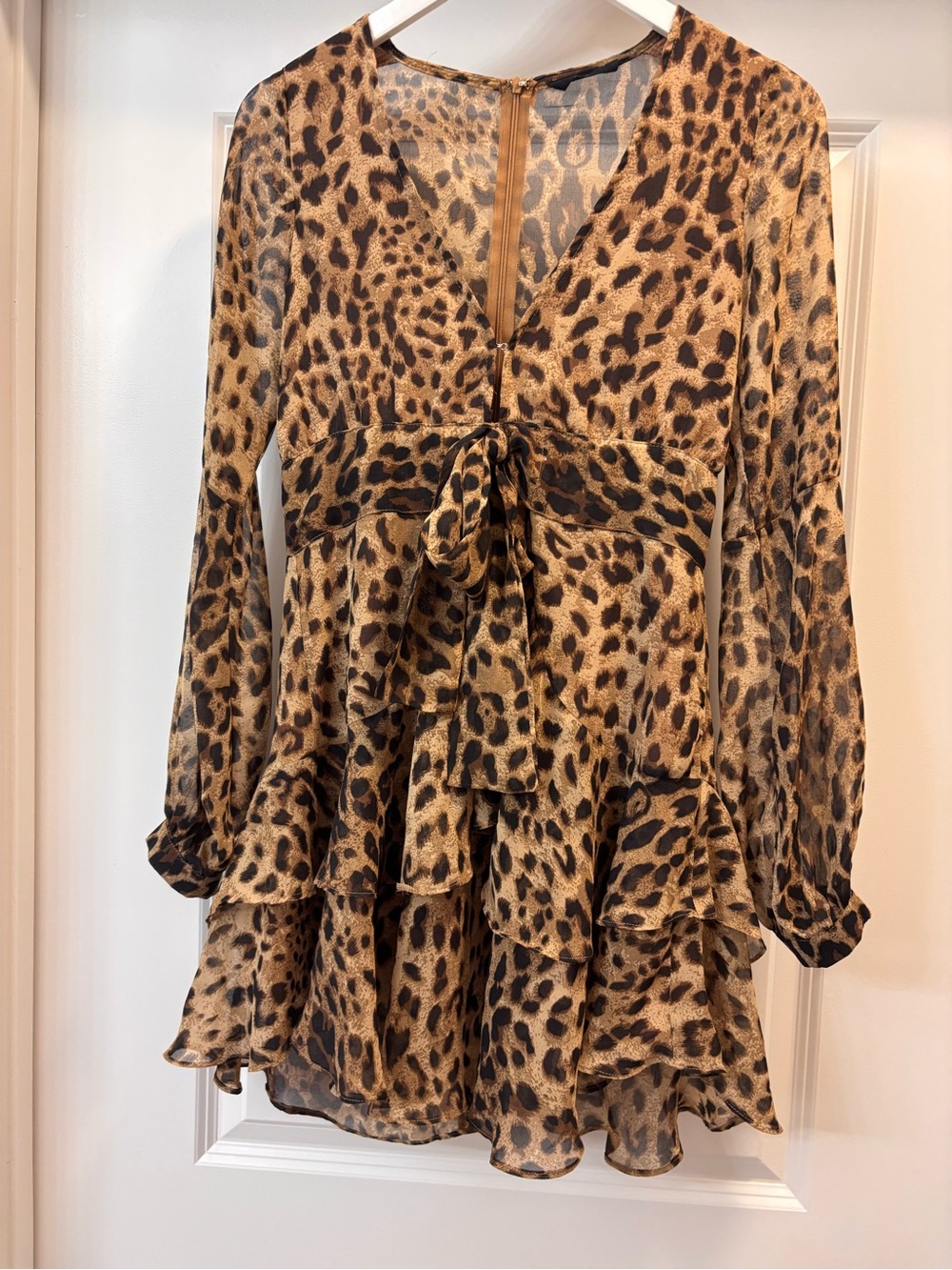 Leopard Print Tie-Front Long-Sleeve Dress